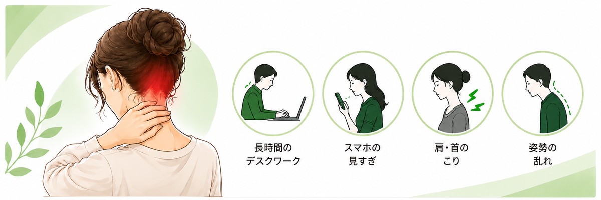 後頭部から首にかけての頭痛と首こり・肩こりの関係を示したイラスト