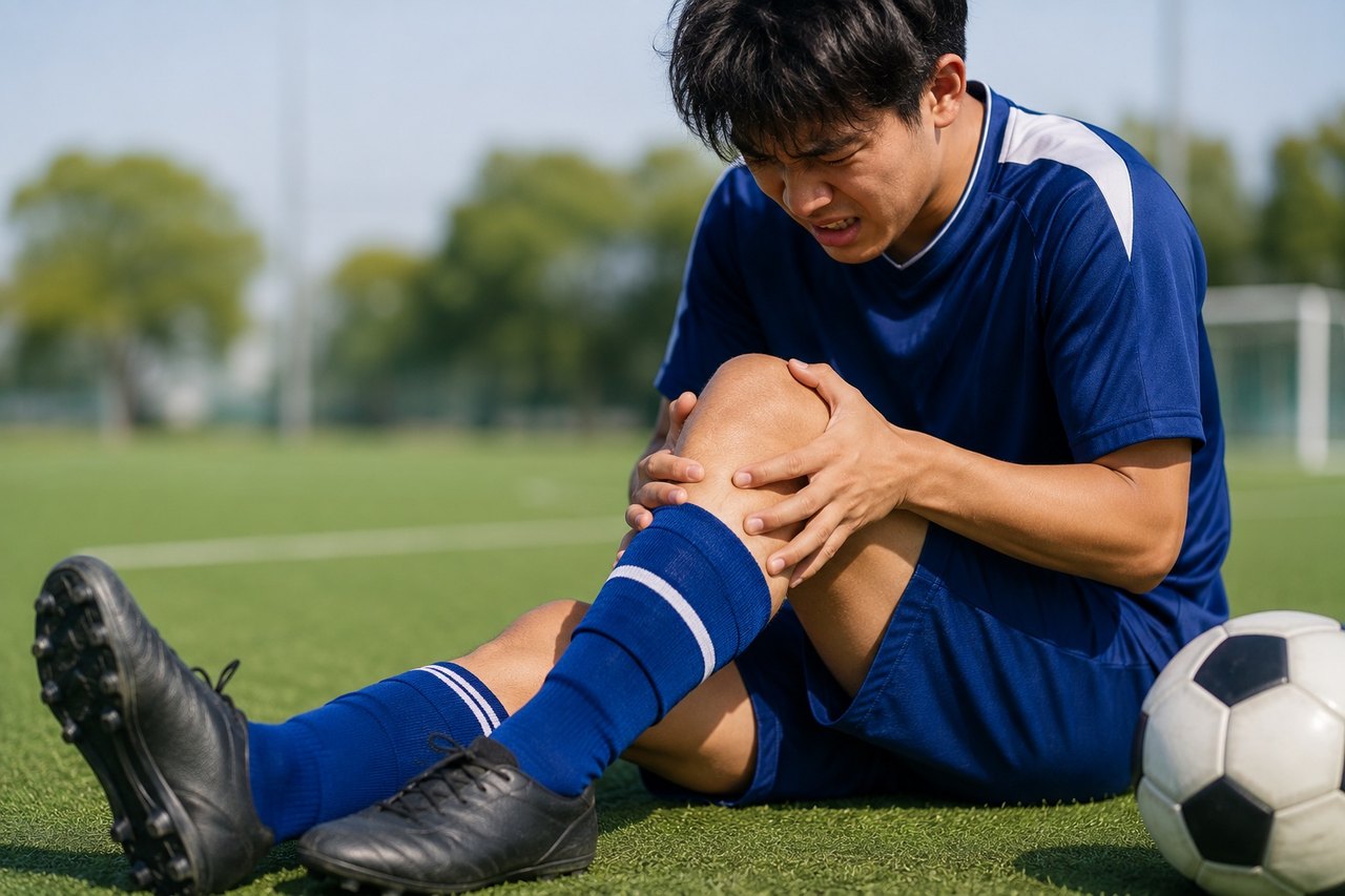 サッカー中に膝を痛めた青年