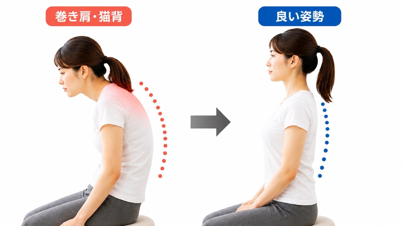 巻き肩・猫背と良い姿勢の比較イメージ